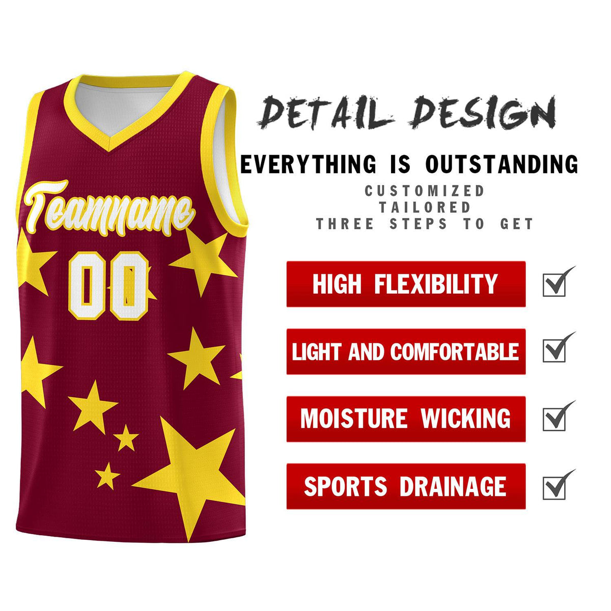 Custom Crimson Gold Graffiti Pattern Star Print Basketball Jersey Kits|KXKSHOP