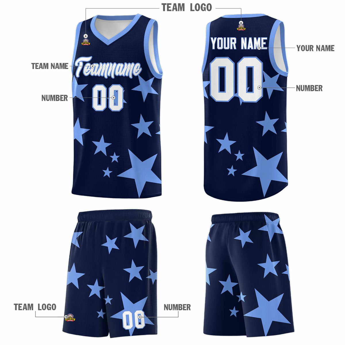 Custom Navy Light Blue Graffiti Pattern Star Print Basketball Jersey Kits|KXKSHOP