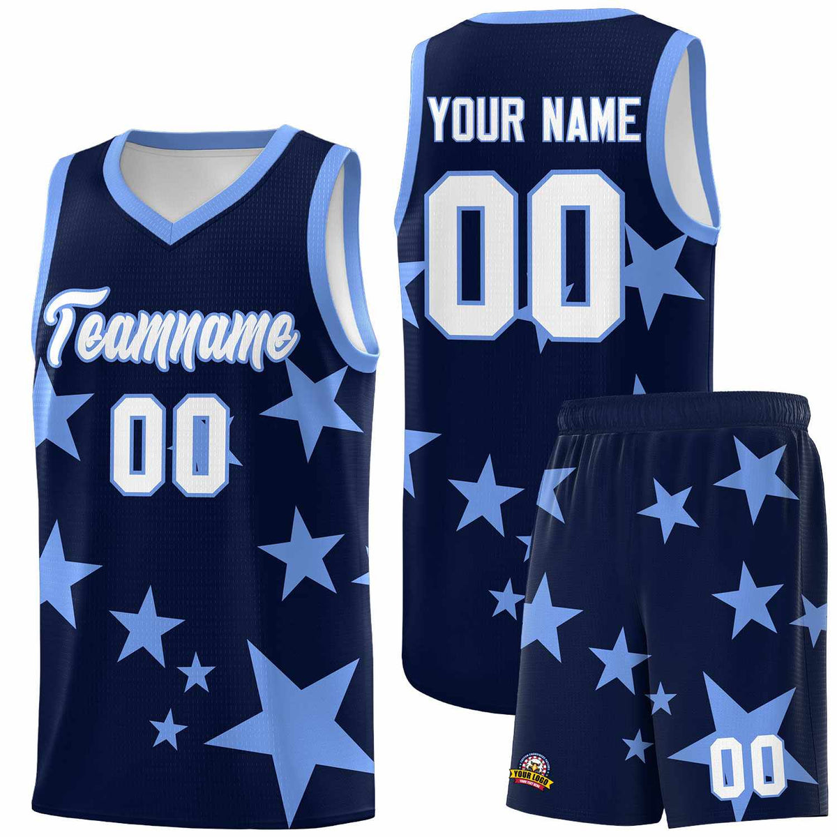 Custom Navy Light Blue Graffiti Pattern Star Print Basketball Jersey Kits|KXKSHOP