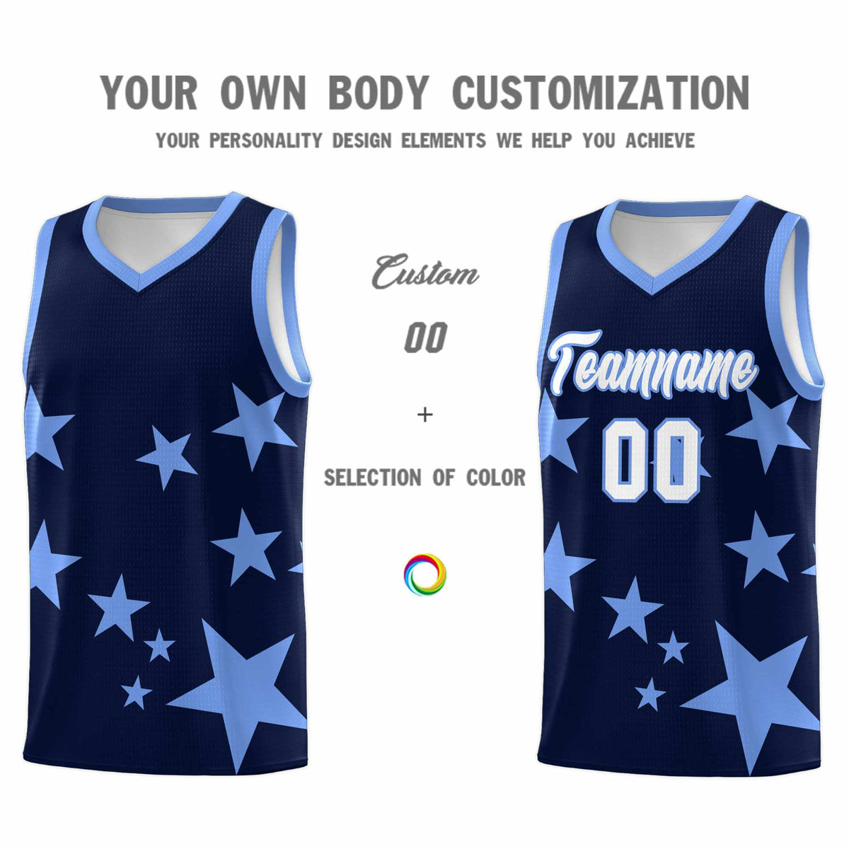 Custom Navy Light Blue Graffiti Pattern Star Print Basketball Jersey Kits|KXKSHOP