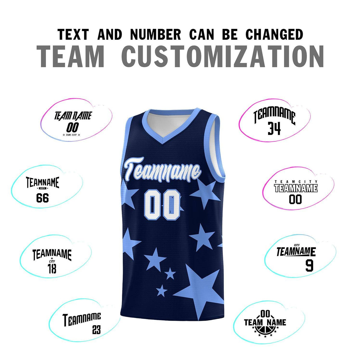 Custom Navy Light Blue Graffiti Pattern Star Print Basketball Jersey Kits|KXKSHOP
