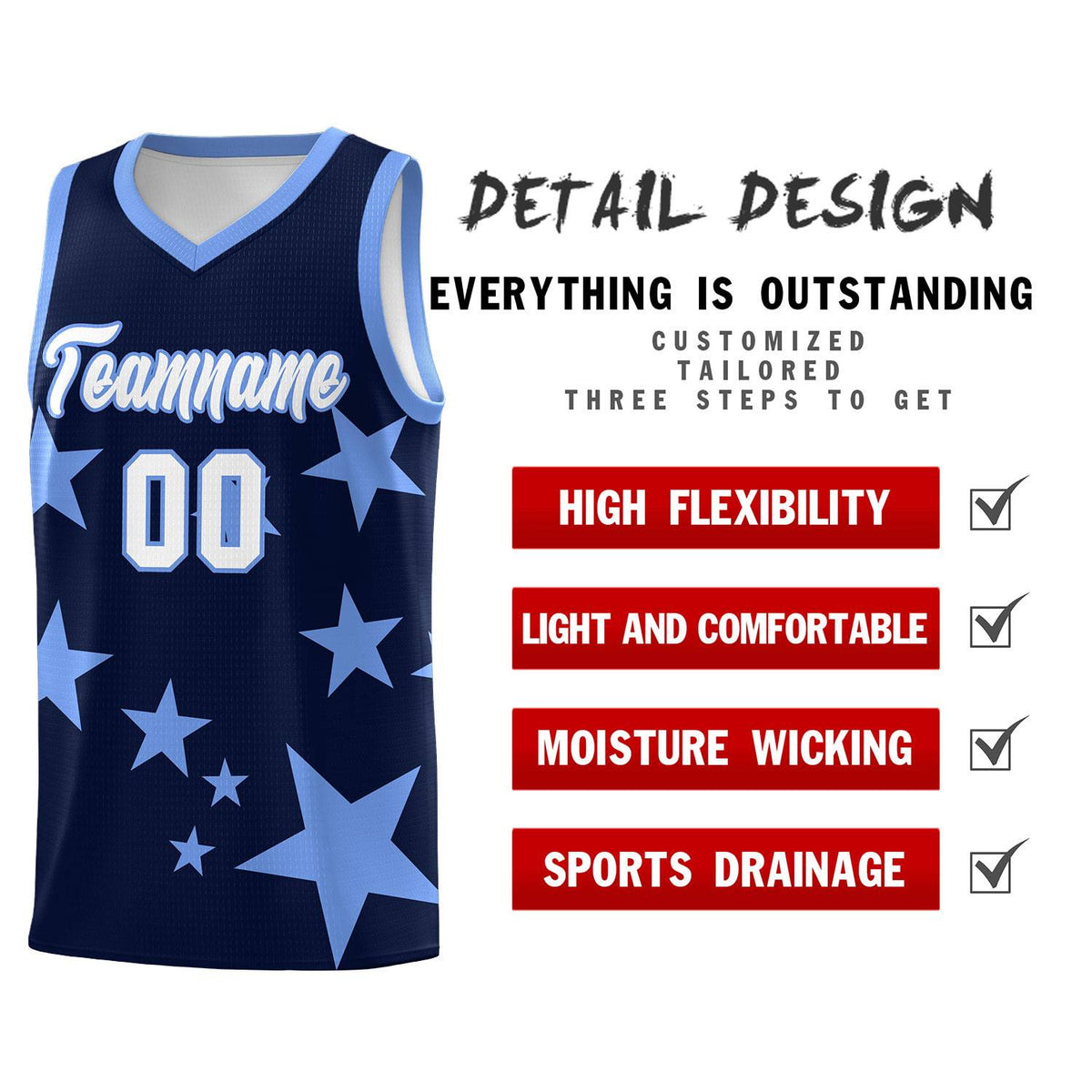 Custom Navy Light Blue Graffiti Pattern Star Print Basketball Jersey Kits|KXKSHOP