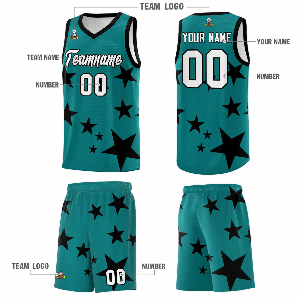 Custom Aqua Black Graffiti Pattern Star Print Basketball Jersey Kits|KXKSHOP