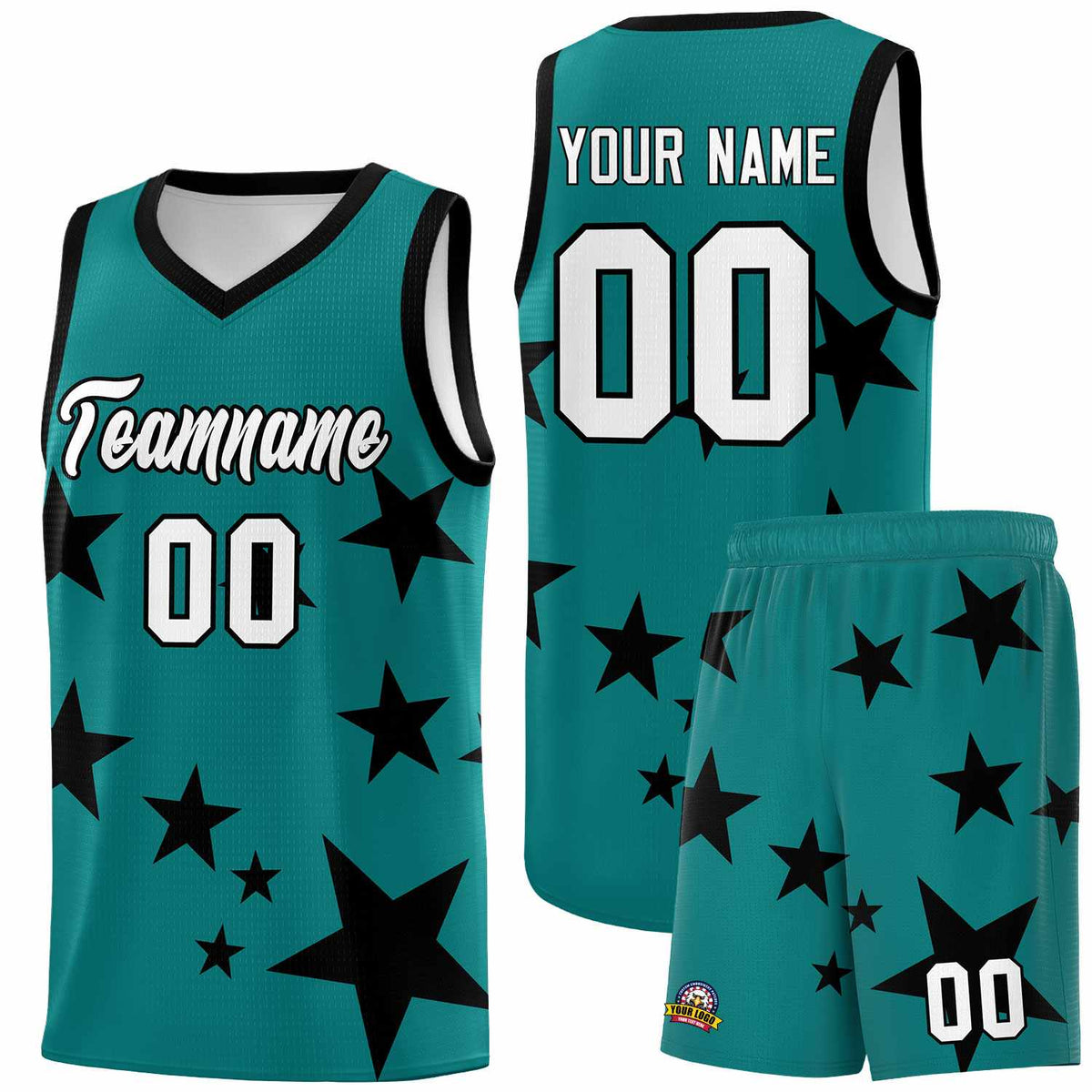 Custom Aqua Black Graffiti Pattern Star Print Basketball Jersey Kits|KXKSHOP