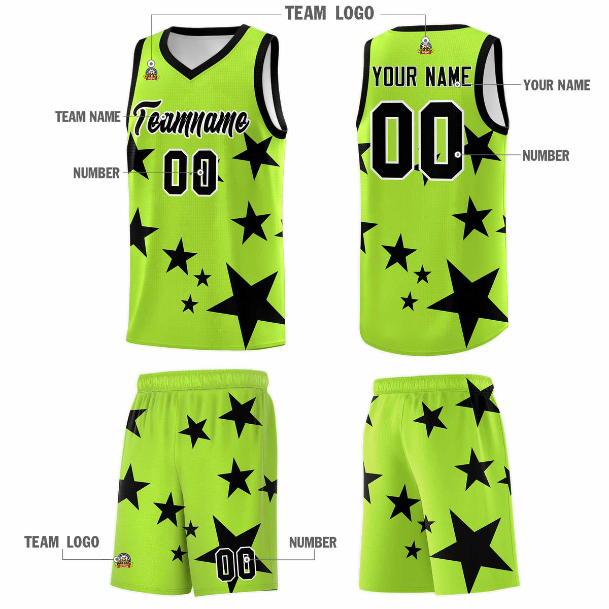 Custom Light Green Black Graffiti Pattern Star Print Basketball Jersey Kits|KXKSHOP