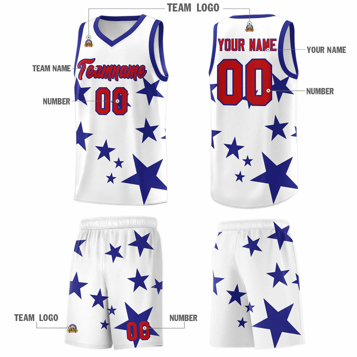 Custom White Royal Graffiti Pattern Star Print Basketball Jersey Kits|KXKSHOP