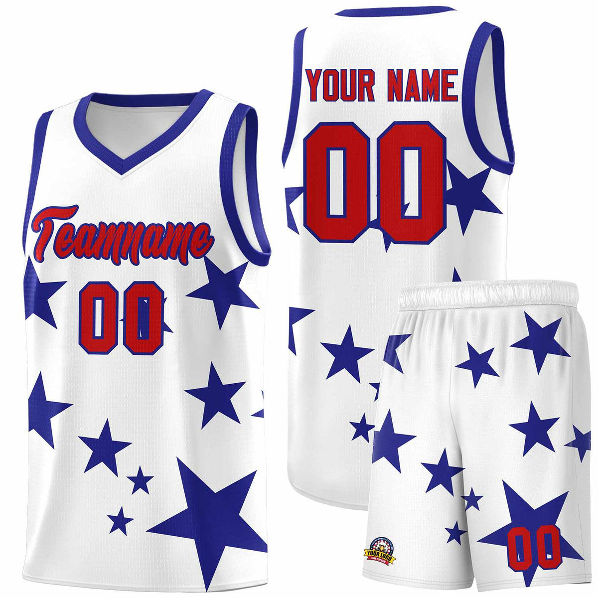 Custom White Royal Graffiti Pattern Star Print Basketball Jersey Kits|KXKSHOP