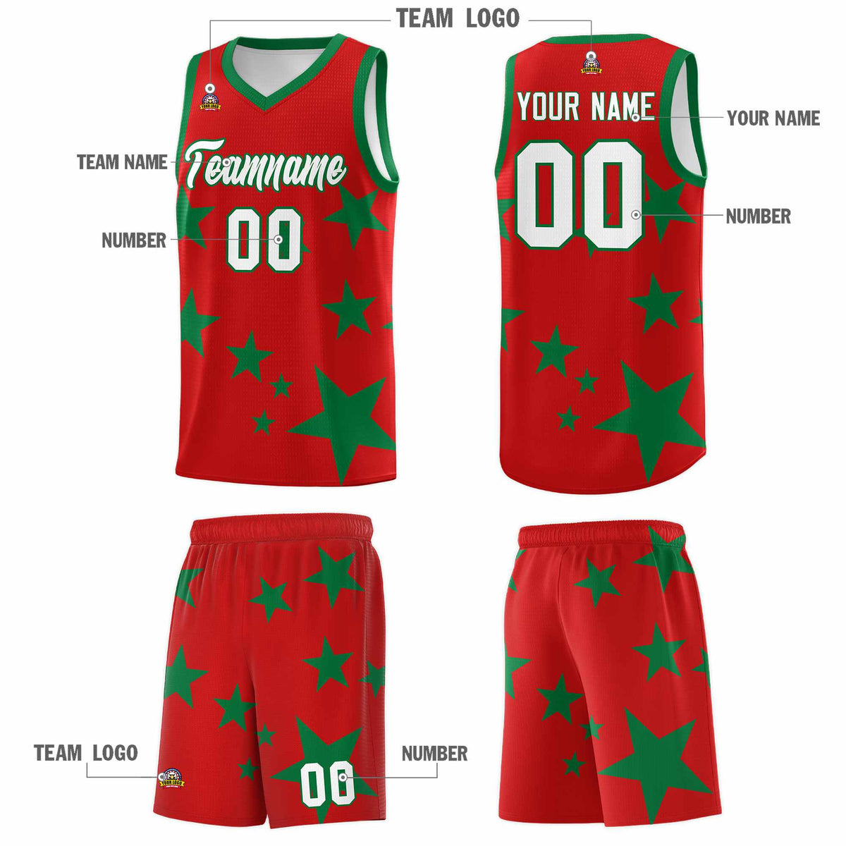 Custom Red Kelly Green Graffiti Pattern Star Print Basketball Jersey Kits|KXKSHOP