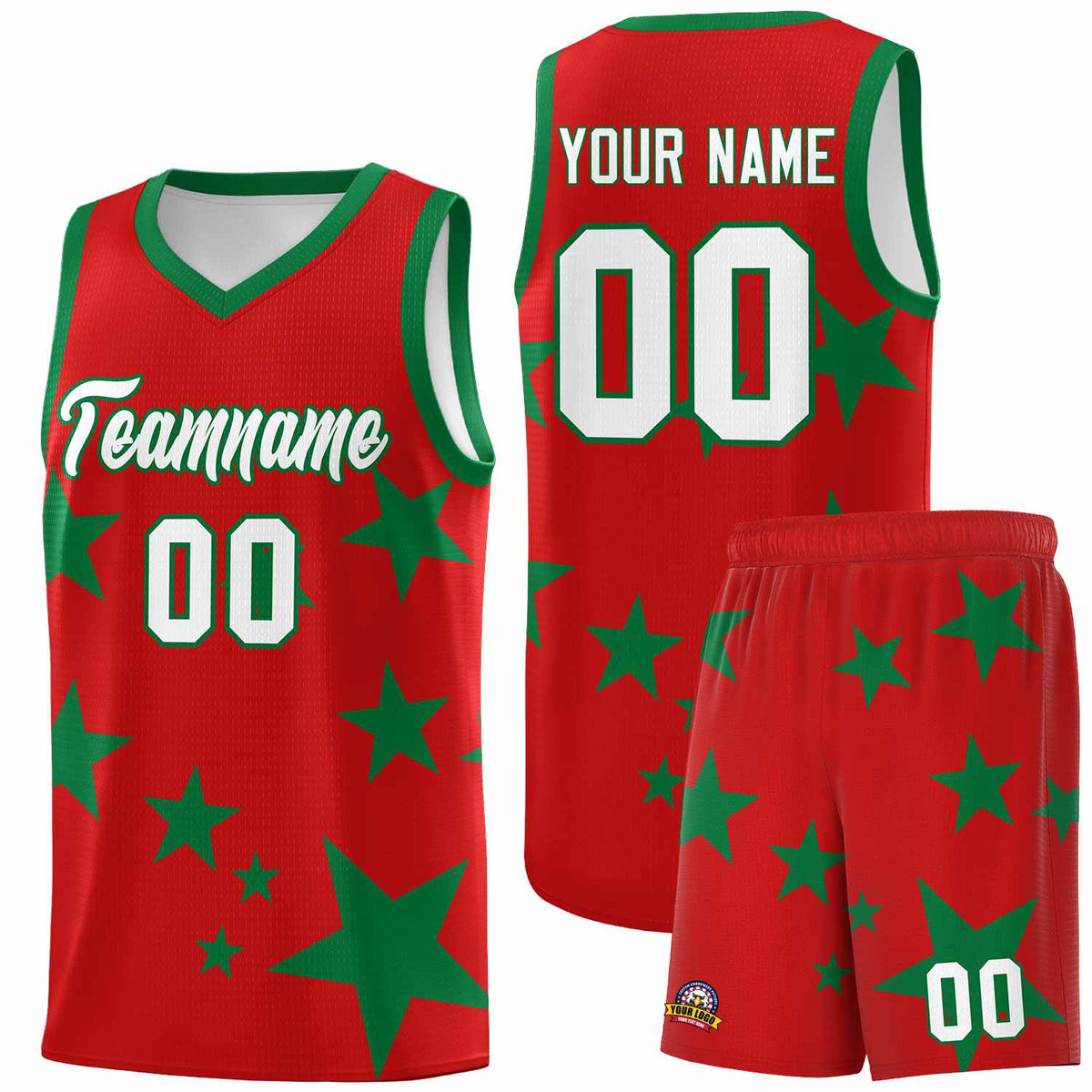 Custom Red Kelly Green Graffiti Pattern Star Print Basketball Jersey Kits|KXKSHOP