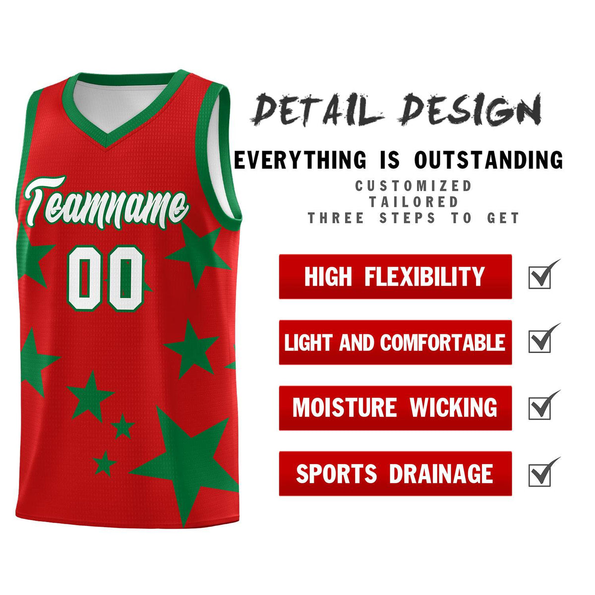 Custom Red Kelly Green Graffiti Pattern Star Print Basketball Jersey Kits|KXKSHOP