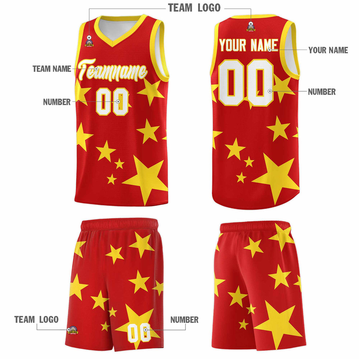 Custom Red Gold Graffiti Pattern Star Print Basketball Jersey Kits|KXKSHOP