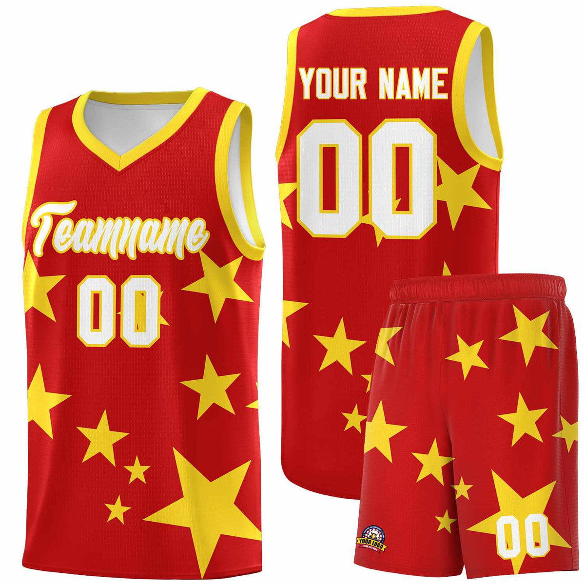 Custom Red Gold Graffiti Pattern Star Print Basketball Jersey Kits|KXKSHOP