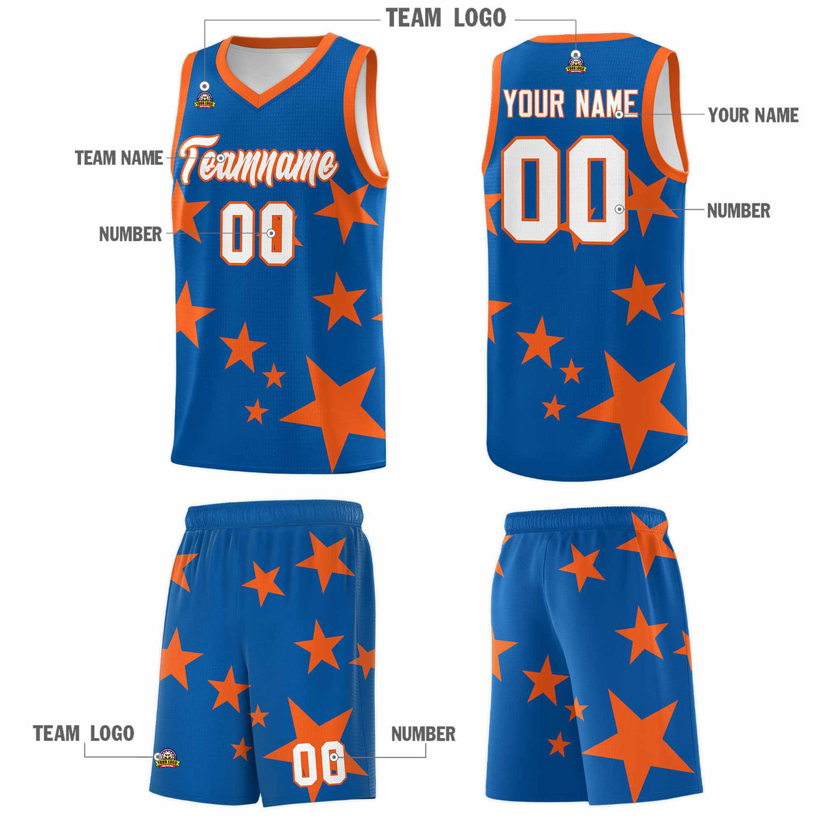 Custom Royal Orange Graffiti Pattern Star Print Basketball Jersey Kits|KXKSHOP