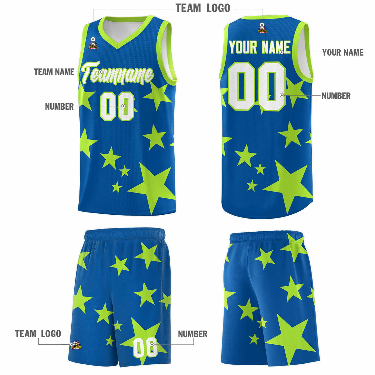 Custom Royal Light Green Graffiti Pattern Star Print Basketball Jersey Kits|KXKSHOP