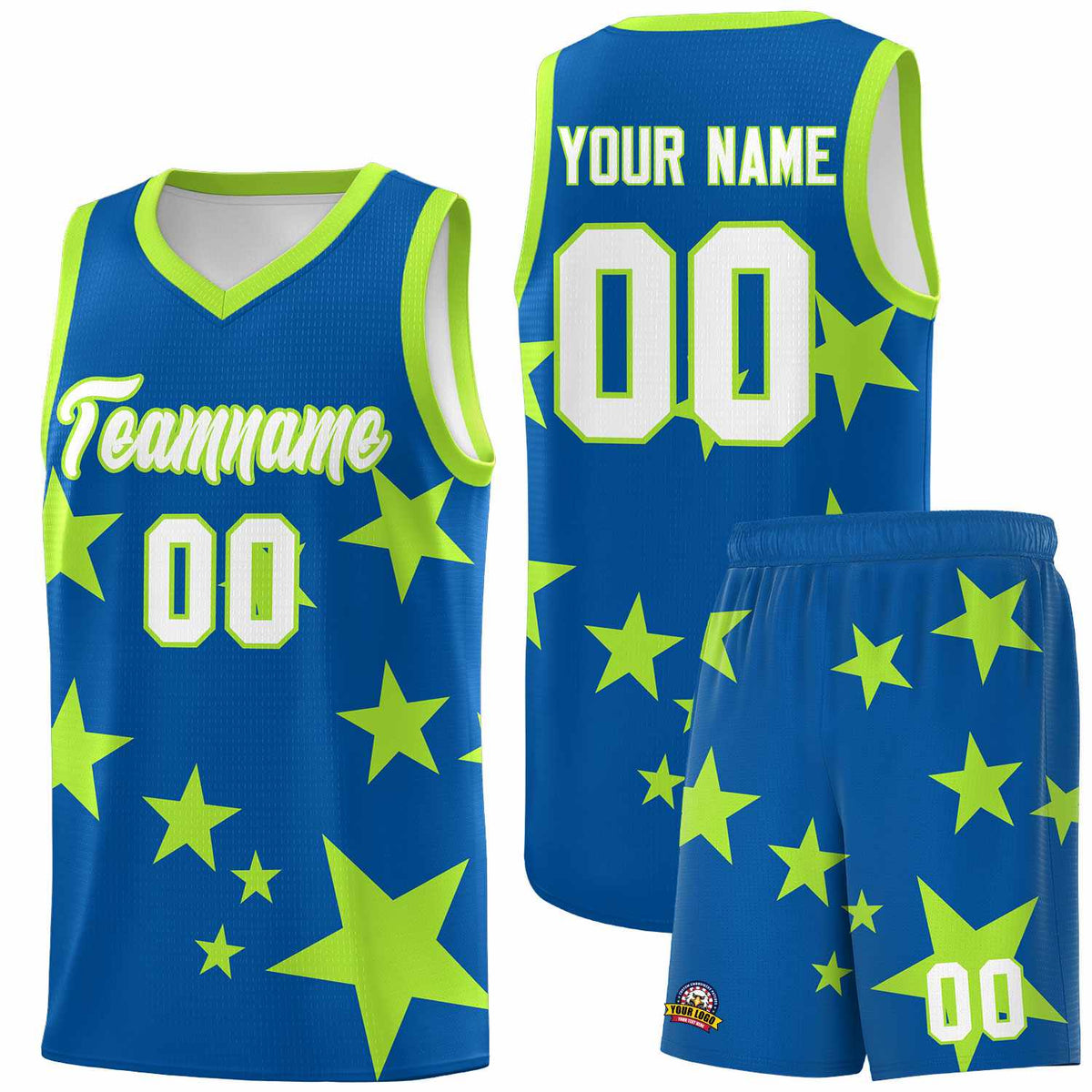 Custom Royal Light Green Graffiti Pattern Star Print Basketball Jersey Kits|KXKSHOP