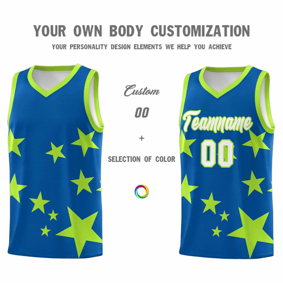 Custom Royal Light Green Graffiti Pattern Star Print Basketball Jersey Kits|KXKSHOP