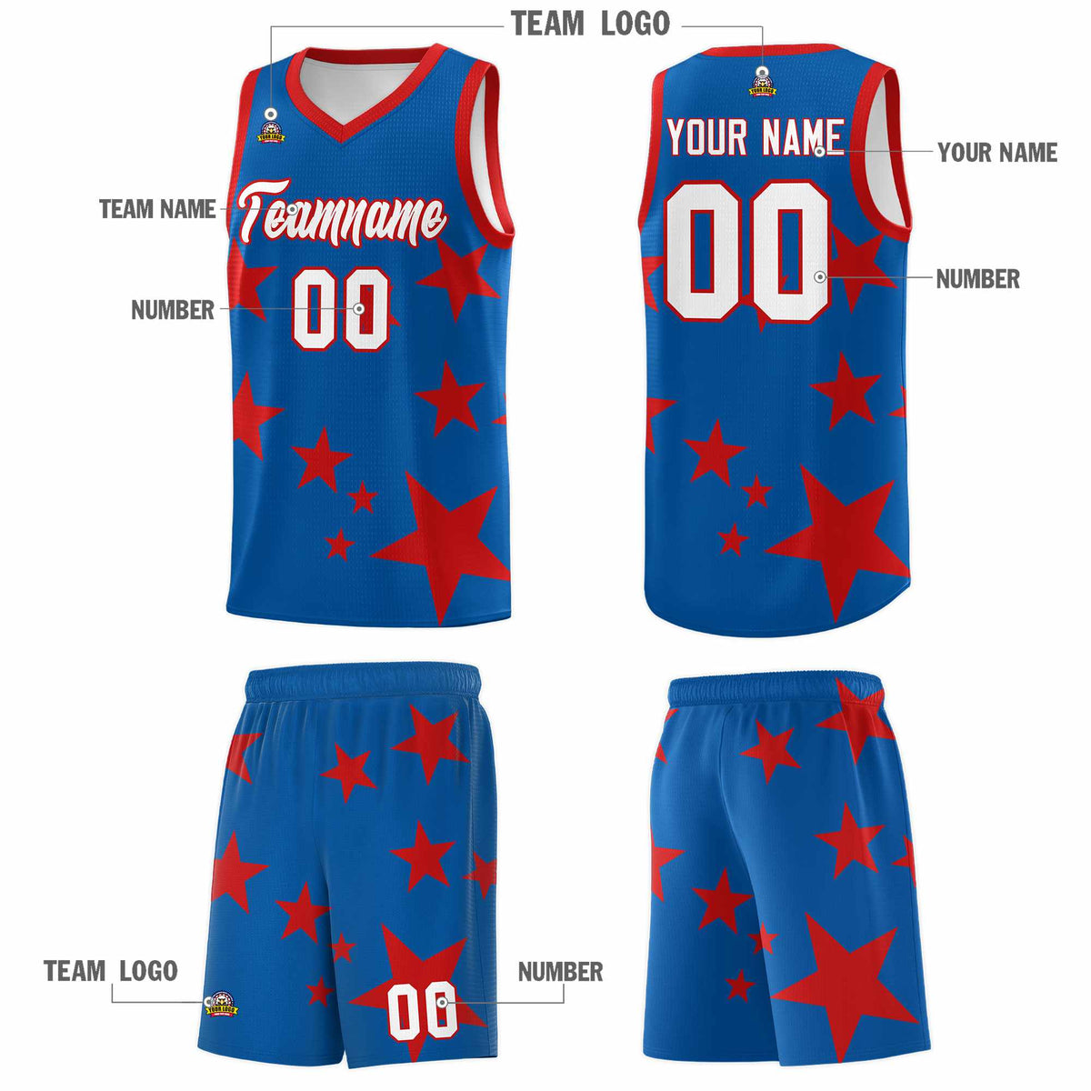 Custom Royal Red Graffiti Pattern Star Print Basketball Jersey Kits|KXKSHOP
