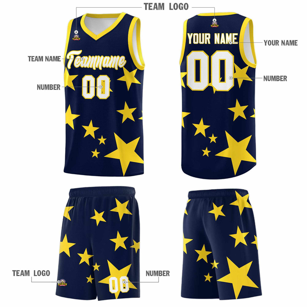 Custom Navy Gold Graffiti Pattern Star Print Basketball Jersey Kits|KXKSHOP