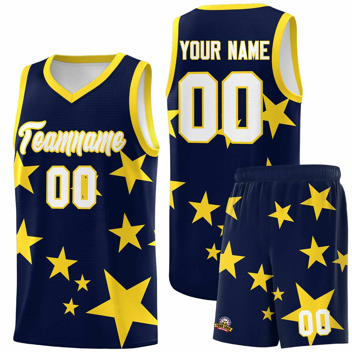 Custom Navy Gold Graffiti Pattern Star Print Basketball Jersey Kits|KXKSHOP