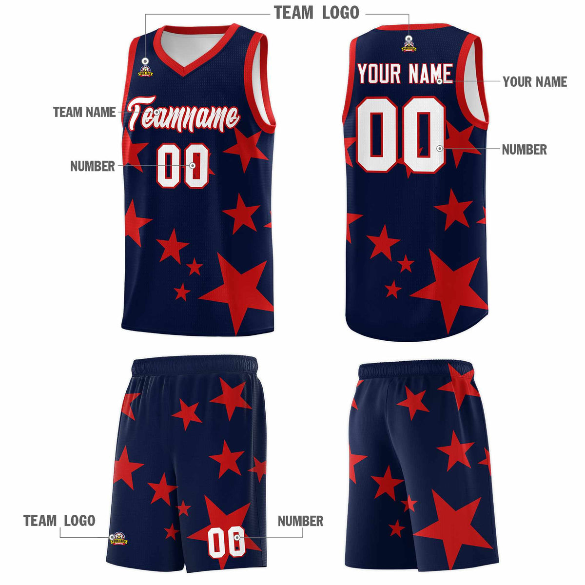 Custom Navy Red Graffiti Pattern Star Print Basketball Jersey Kits|KXKSHOP