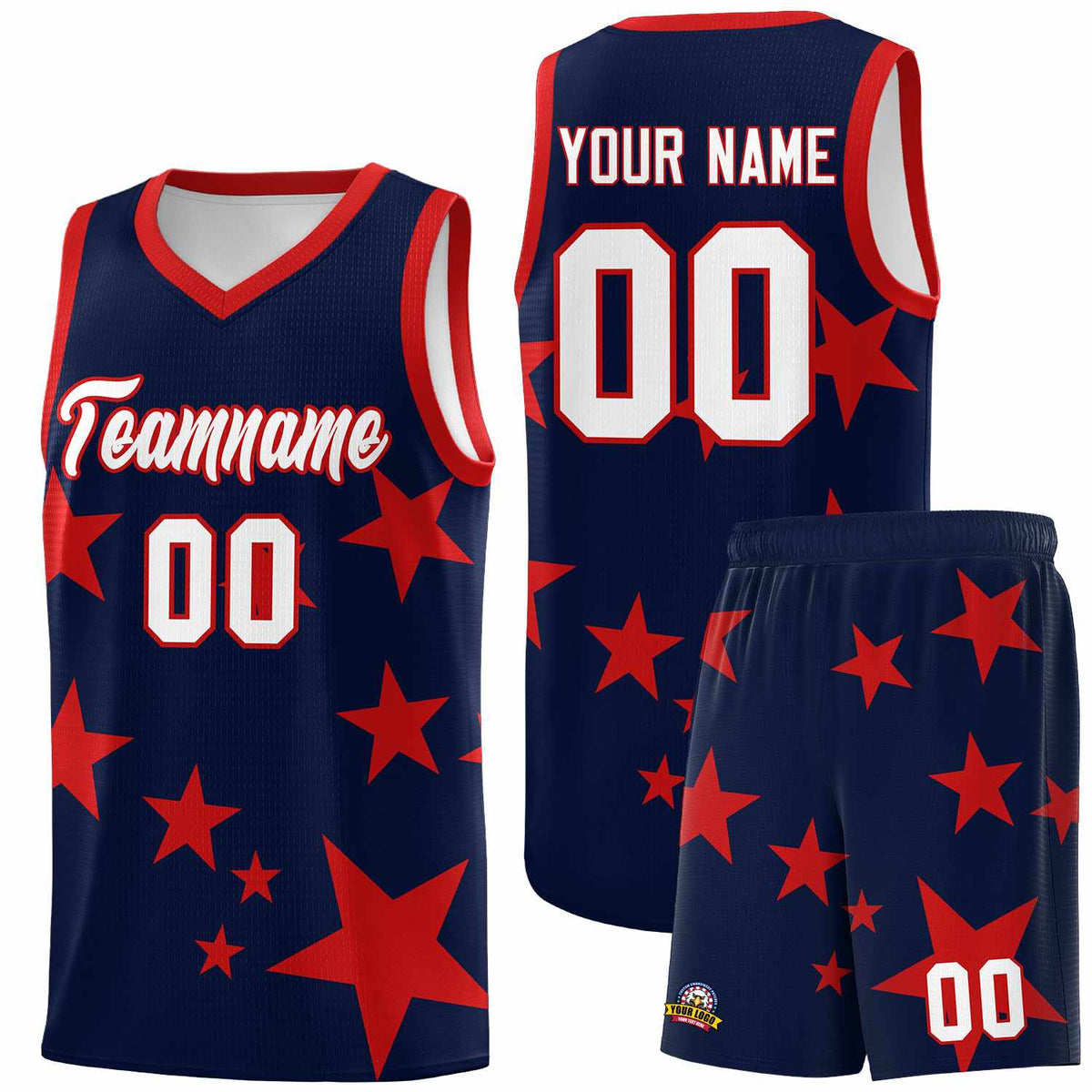 Custom Navy Red Graffiti Pattern Star Print Basketball Jersey Kits|KXKSHOP