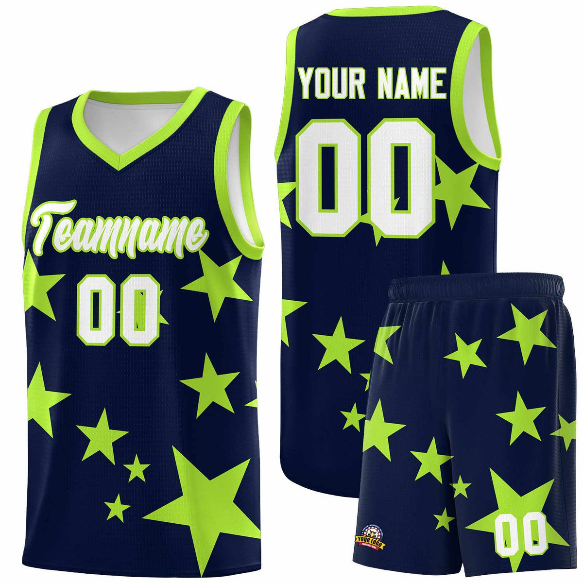 Custom Navy Light Green Graffiti Pattern Star Print Basketball Jersey Kits|KXKSHOP