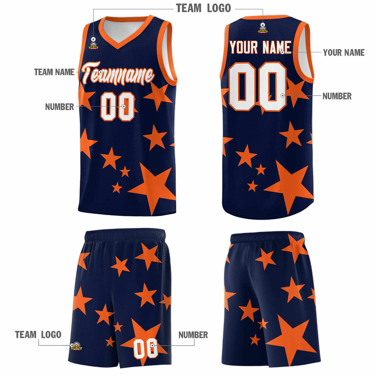 Custom Navy Orange Graffiti Pattern Star Print Basketball Jersey Kits|KXKSHOP