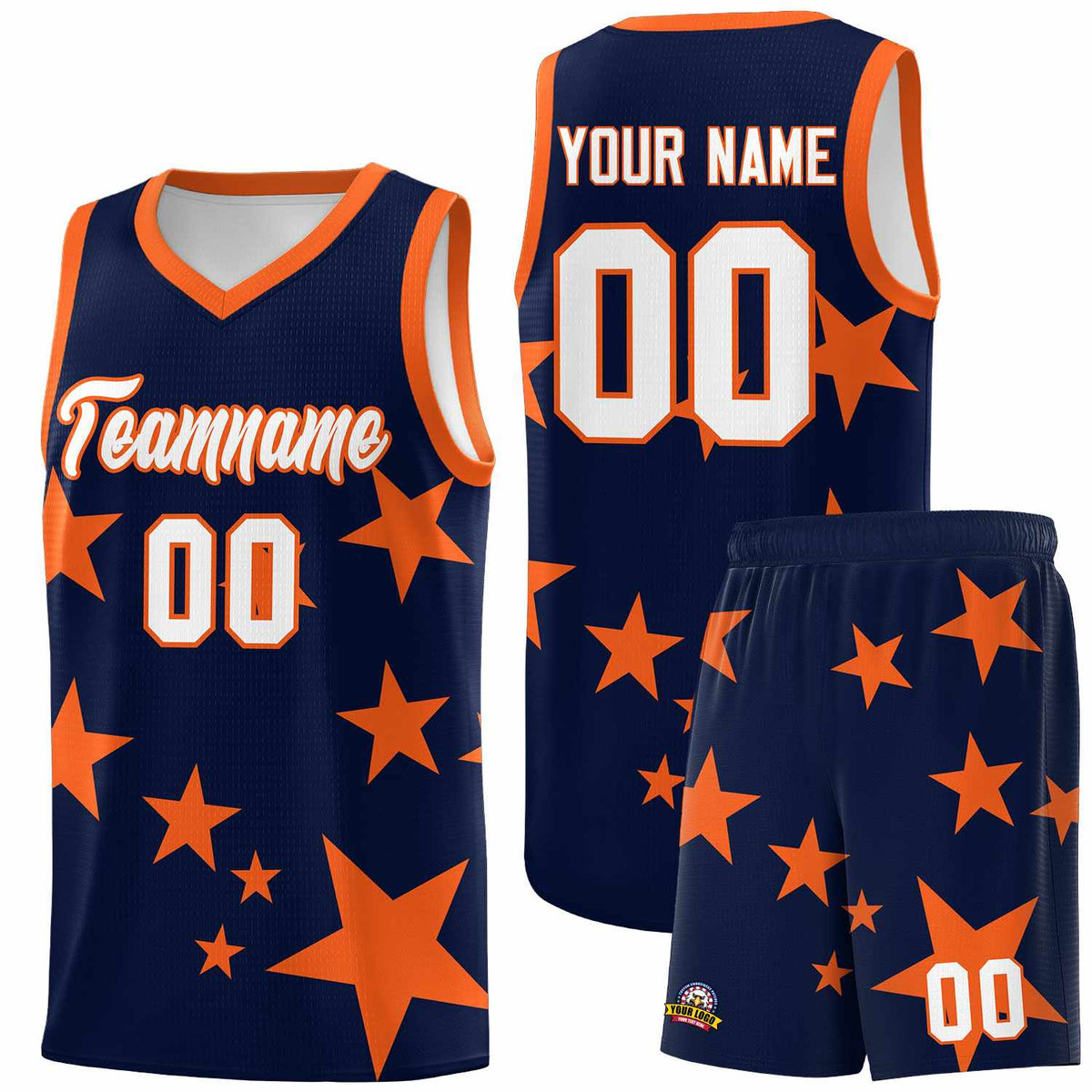 Custom Navy Orange Graffiti Pattern Star Print Basketball Jersey Kits|KXKSHOP