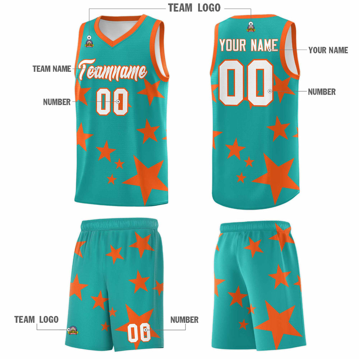 Custom Aqua Orange Graffiti Pattern Star Print Basketball Jersey Kits|KXKSHOP