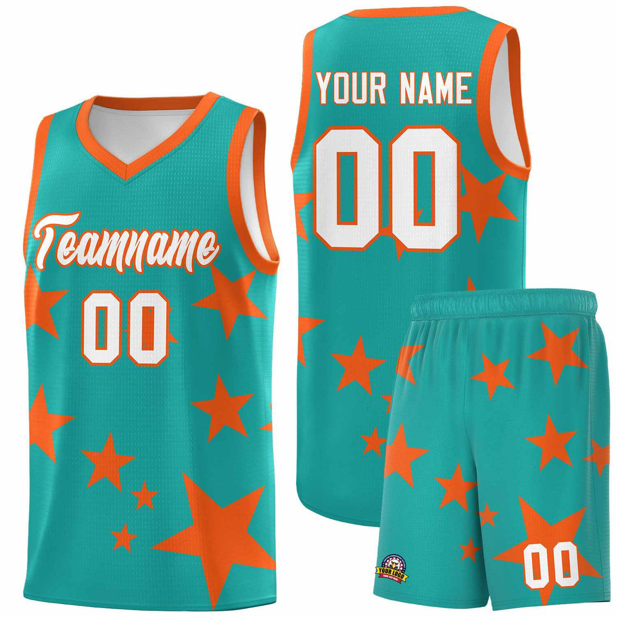 Custom Aqua Orange Graffiti Pattern Star Print Basketball Jersey Kits|KXKSHOP
