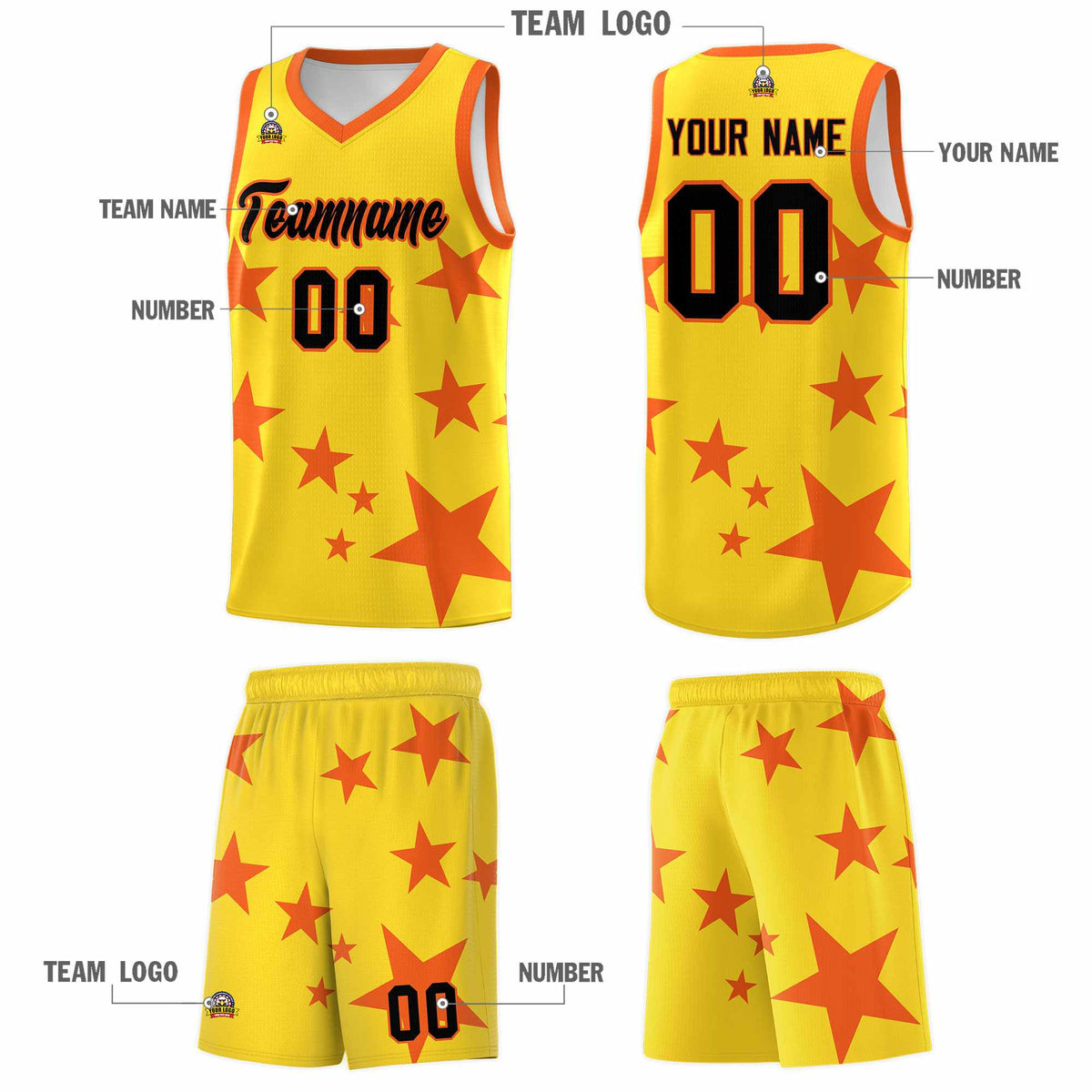 Custom Gold Orange Graffiti Pattern Star Print Basketball Jersey Kits|KXKSHOP