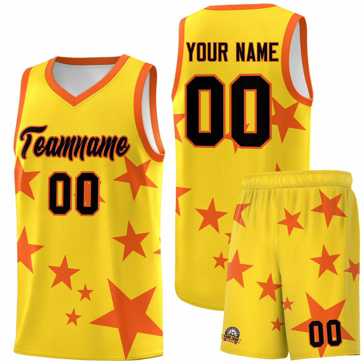 Custom Gold Orange Graffiti Pattern Star Print Basketball Jersey Kits|KXKSHOP