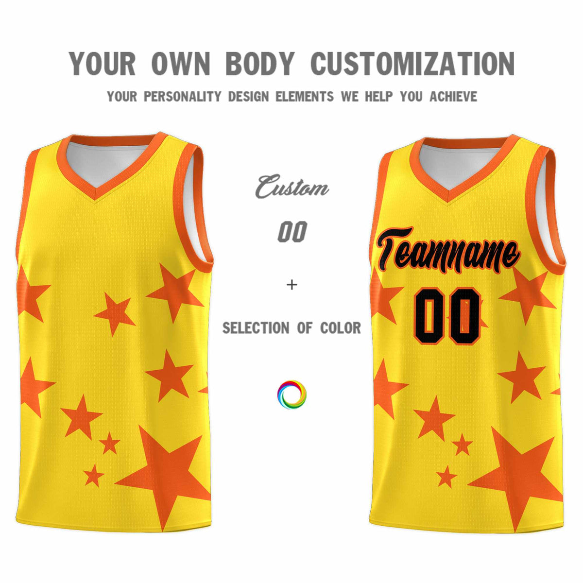 Custom Gold Orange Graffiti Pattern Star Print Basketball Jersey Kits|KXKSHOP