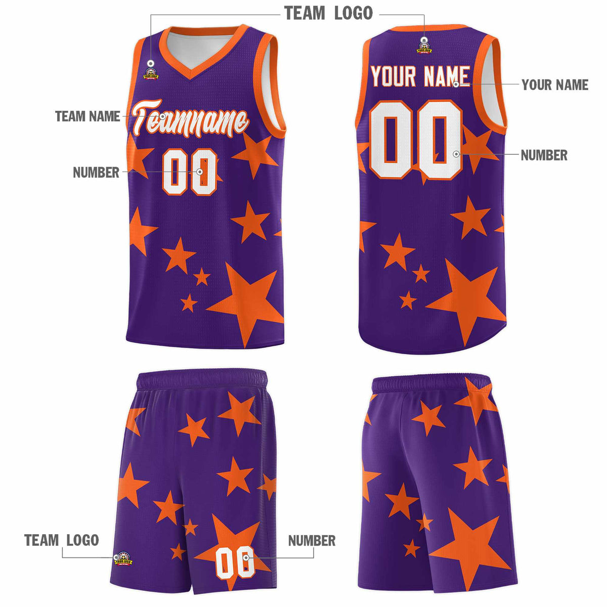 Custom Purple Orange Graffiti Pattern Star Print Basketball Jersey Kits|KXKSHOP