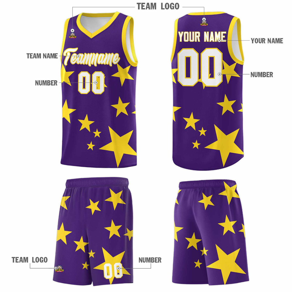 Custom Purple Gold Graffiti Pattern Star Print Basketball Jersey Kits|KXKSHOP
