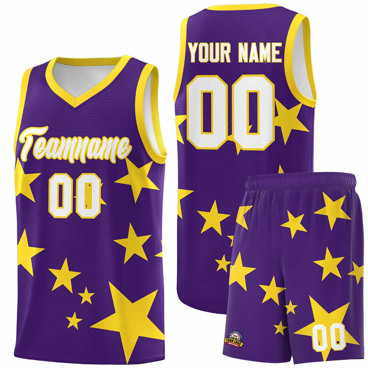 Custom Purple Gold Graffiti Pattern Star Print Basketball Jersey Kits|KXKSHOP