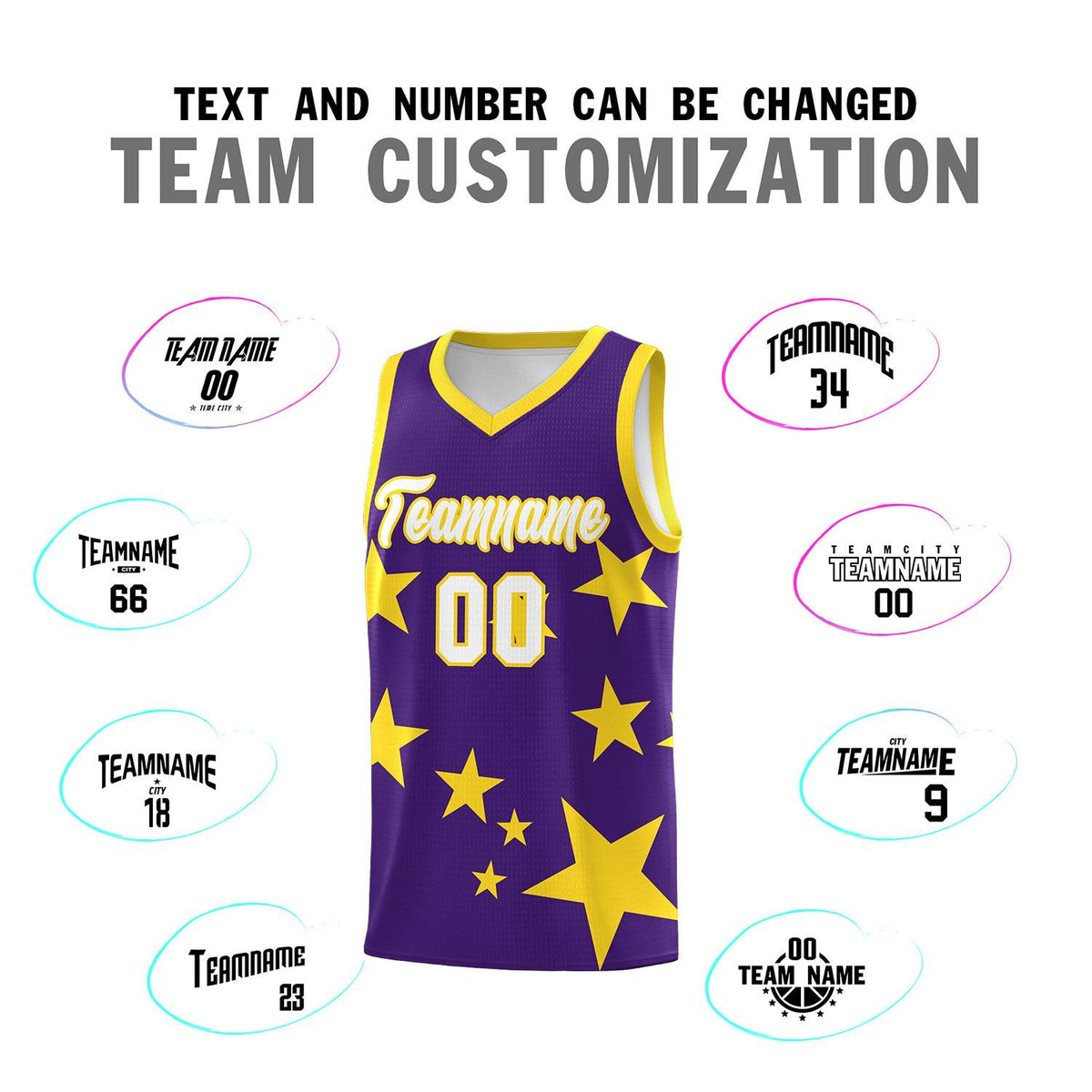 Custom Purple Gold Graffiti Pattern Star Print Basketball Jersey Kits|KXKSHOP