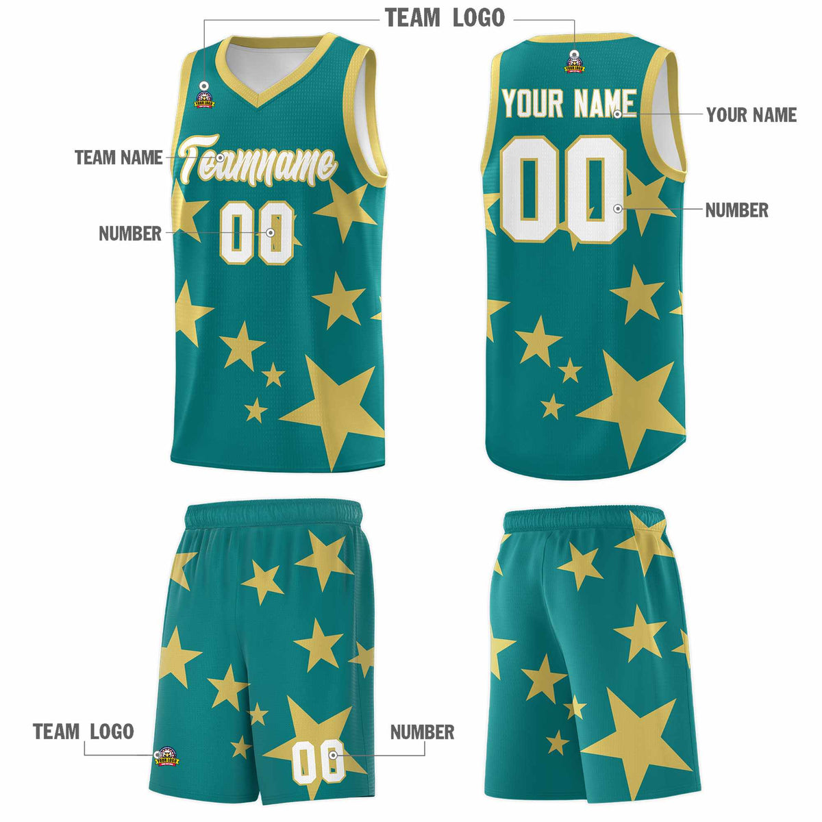 Custom Aqua Old Gold Graffiti Pattern Star Print Basketball Jersey Kits|KXKSHOP