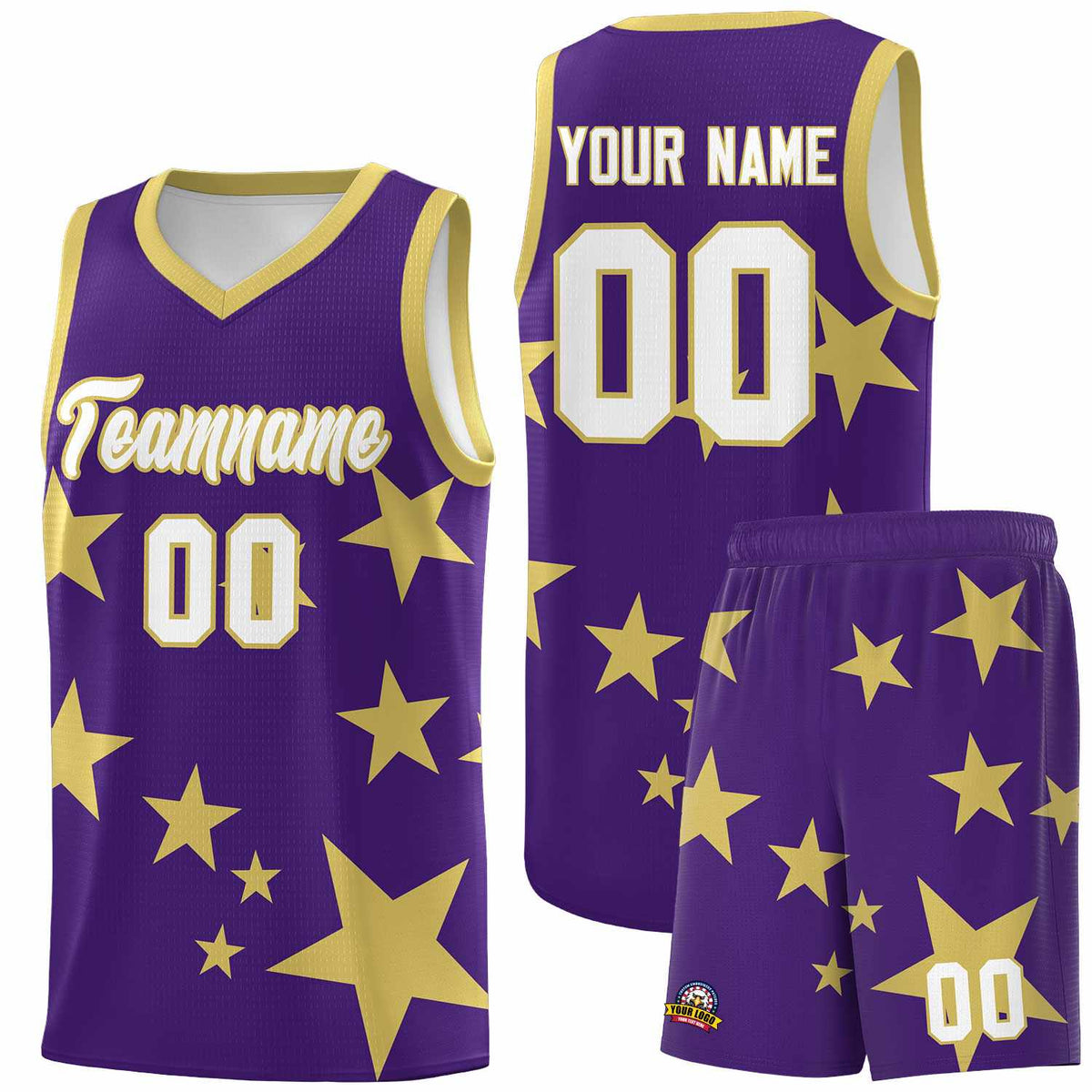 Custom Purple Old Gold Graffiti Pattern Star Print Basketball Jersey Kits|KXKSHOP
