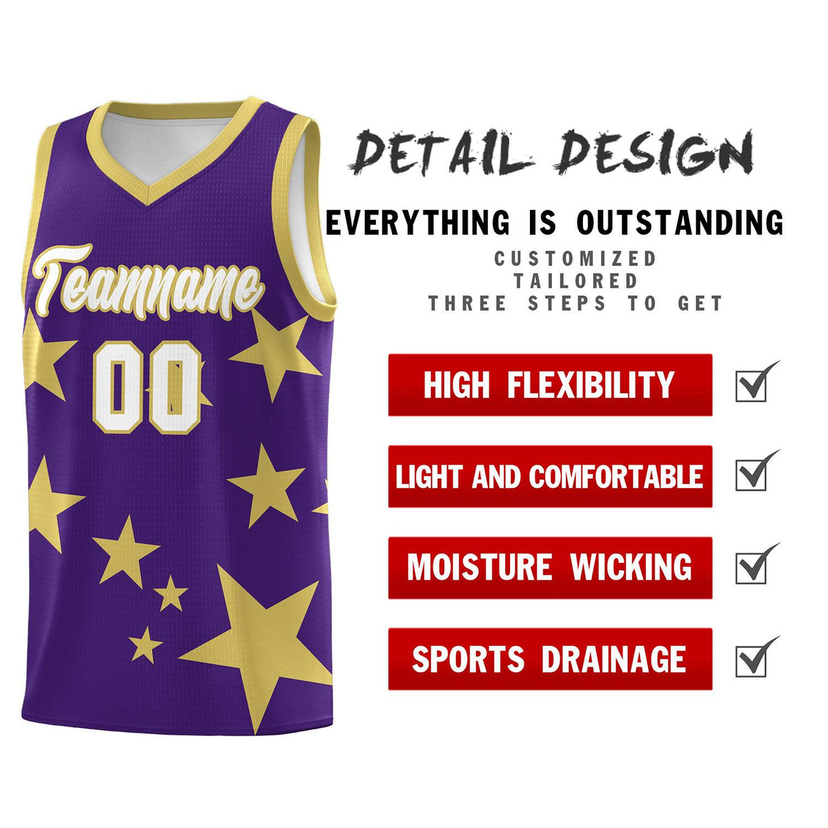 Custom Purple Old Gold Graffiti Pattern Star Print Basketball Jersey Kits|KXKSHOP