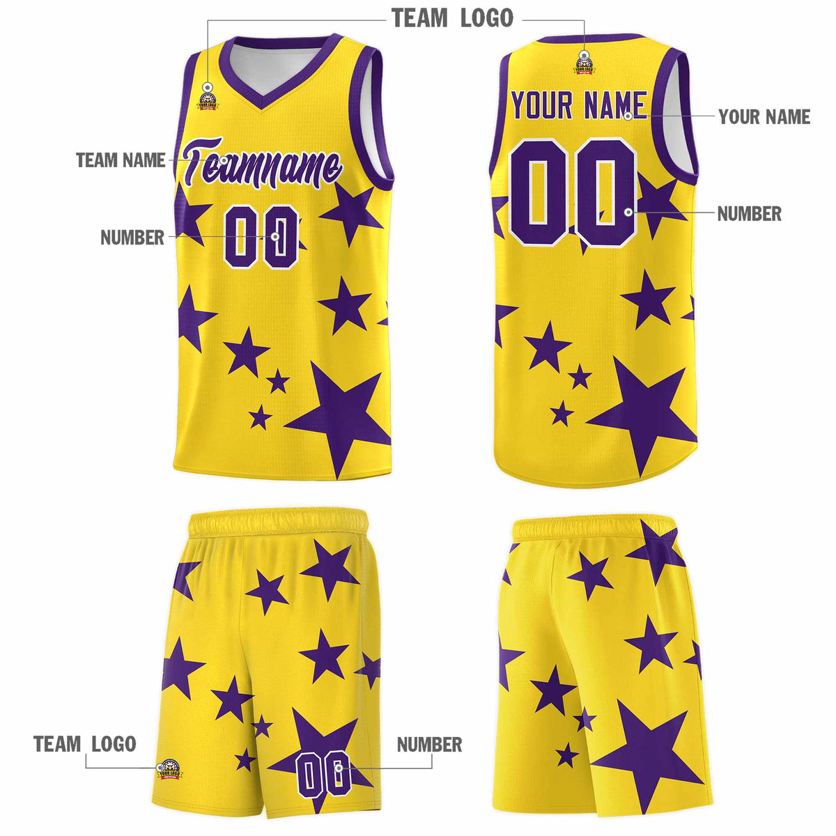 Custom Gold Purple Graffiti Pattern Star Print Basketball Jersey Kits|KXKSHOP
