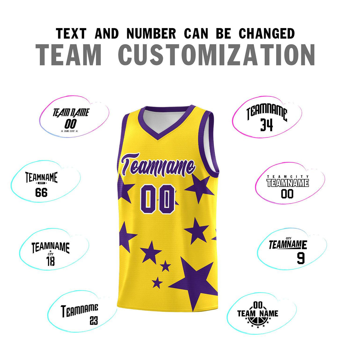 Custom Gold Purple Graffiti Pattern Star Print Basketball Jersey Kits|KXKSHOP