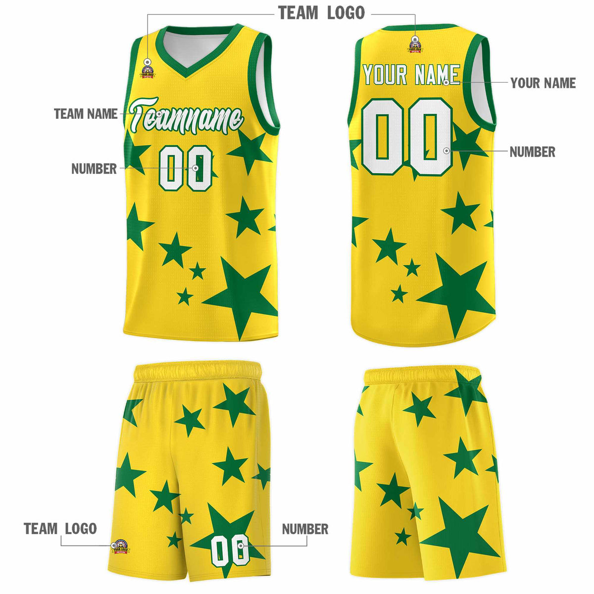 Custom Gold Kelly Green Graffiti Pattern Star Print Basketball Jersey Kits|KXKSHOP
