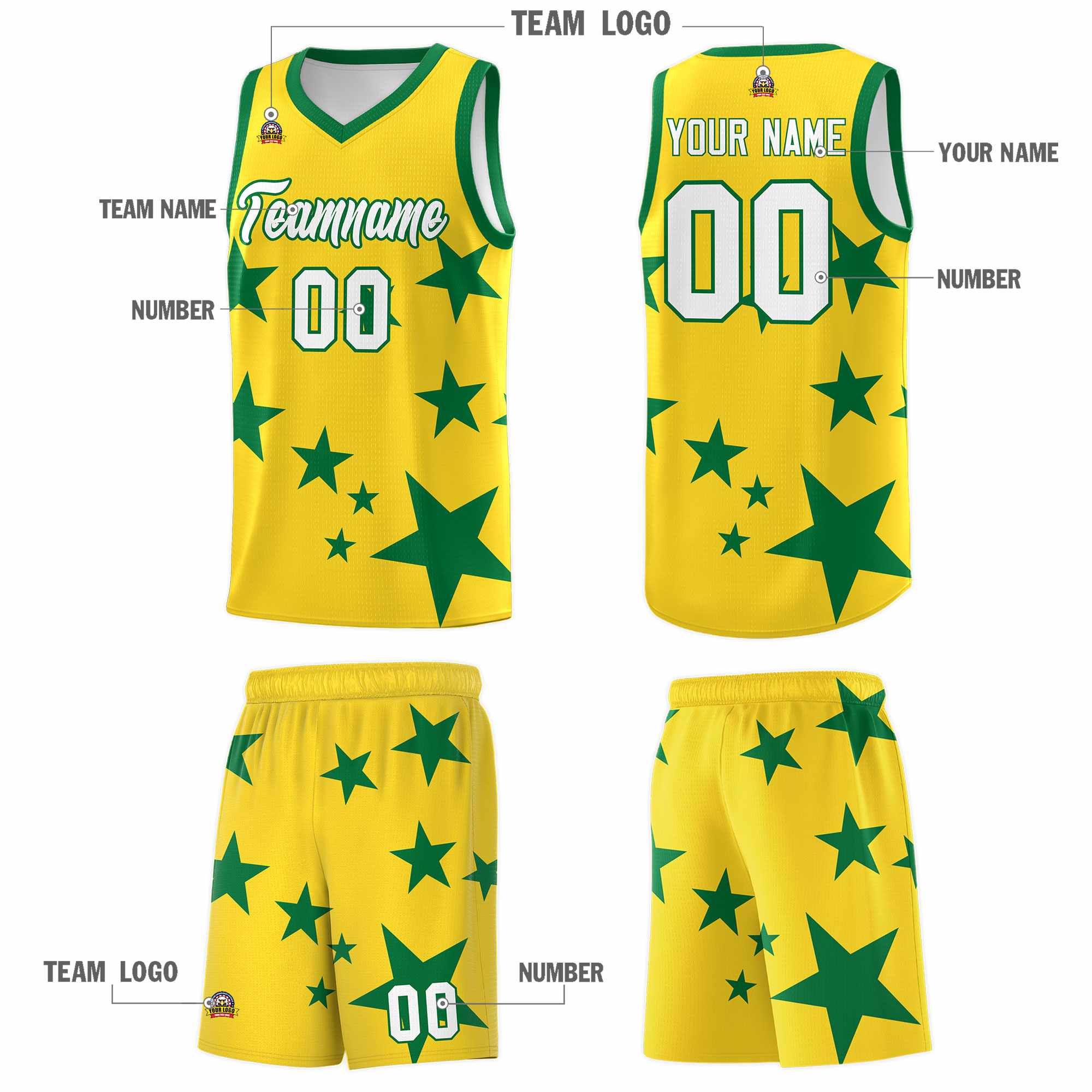 Custom Gold Kelly Green Graffiti Pattern Star Print Basketball Jersey Kits|KXKSHOP