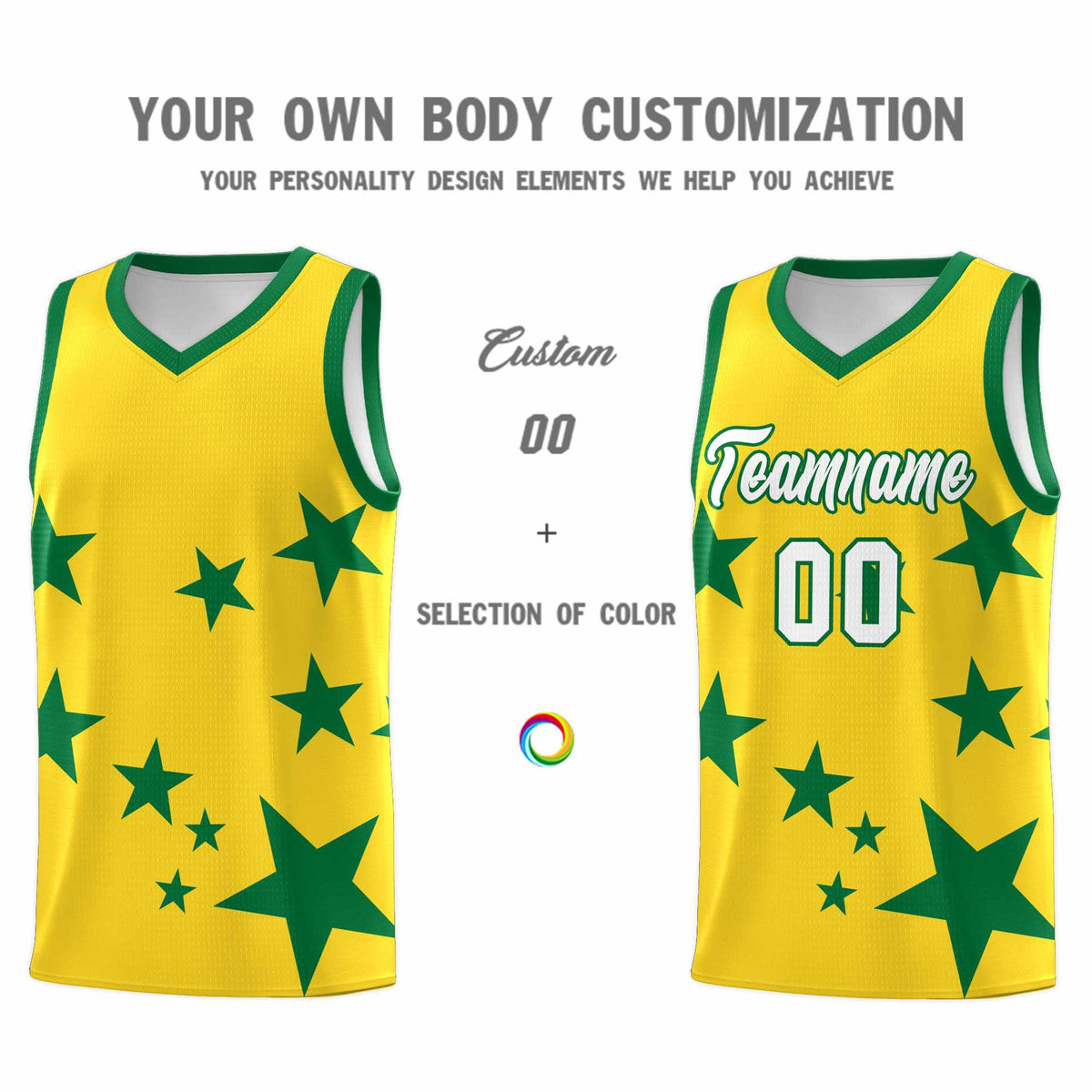 Custom Gold Kelly Green Graffiti Pattern Star Print Basketball Jersey Kits|KXKSHOP