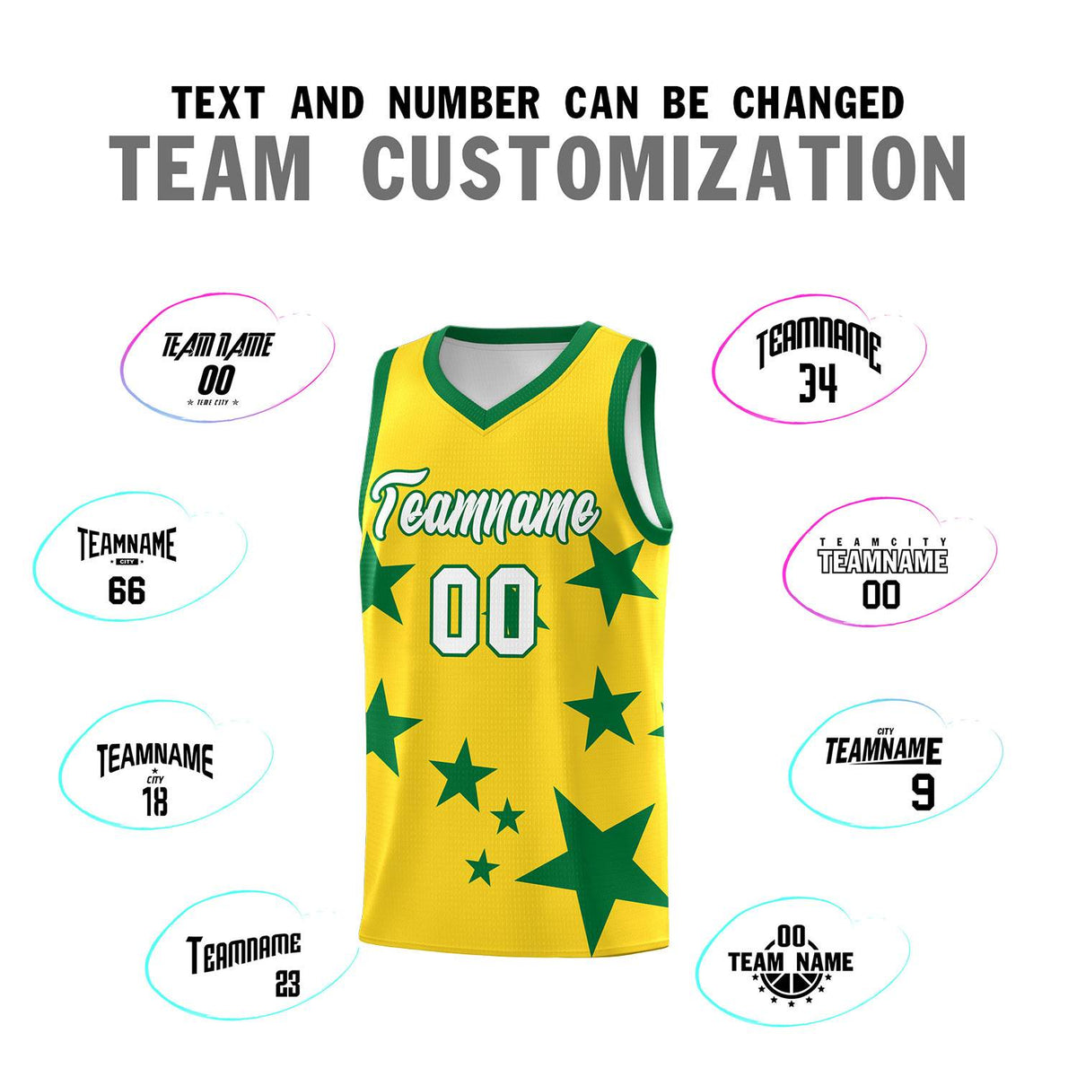 Custom Gold Kelly Green Graffiti Pattern Star Print Basketball Jersey Kits|KXKSHOP