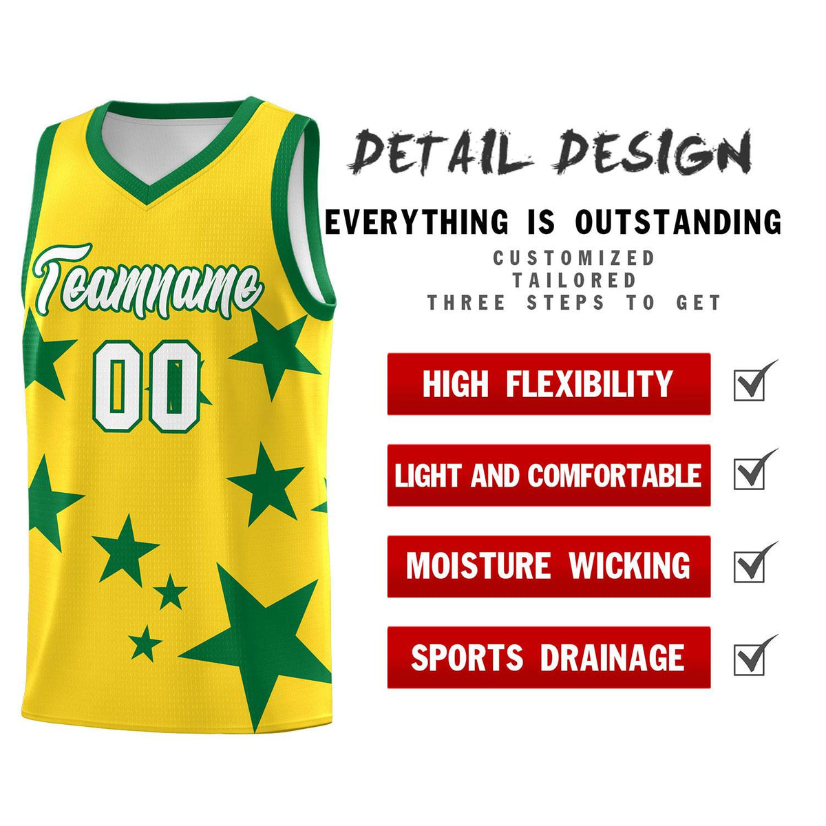 Custom Gold Kelly Green Graffiti Pattern Star Print Basketball Jersey Kits|KXKSHOP