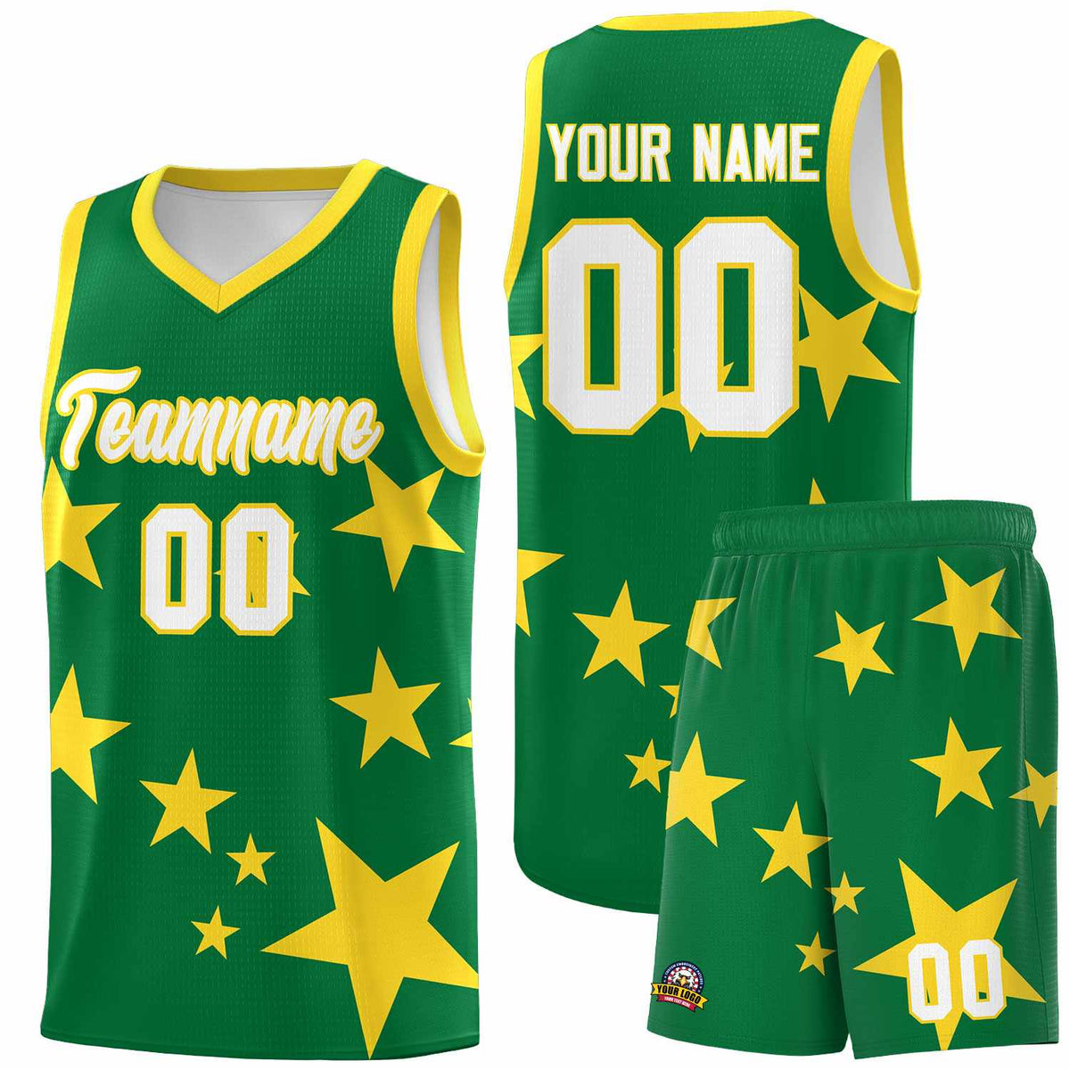 Custom Kelly Green Gold Graffiti Pattern Star Print Basketball Jersey Kits|KXKSHOP