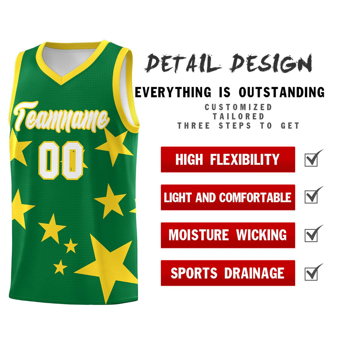 Custom Kelly Green Gold Graffiti Pattern Star Print Basketball Jersey Kits|KXKSHOP