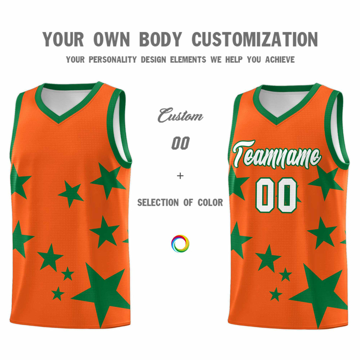 Custom Orange Kelly Green Graffiti Pattern Star Print Basketball Jersey Kits|KXKSHOP